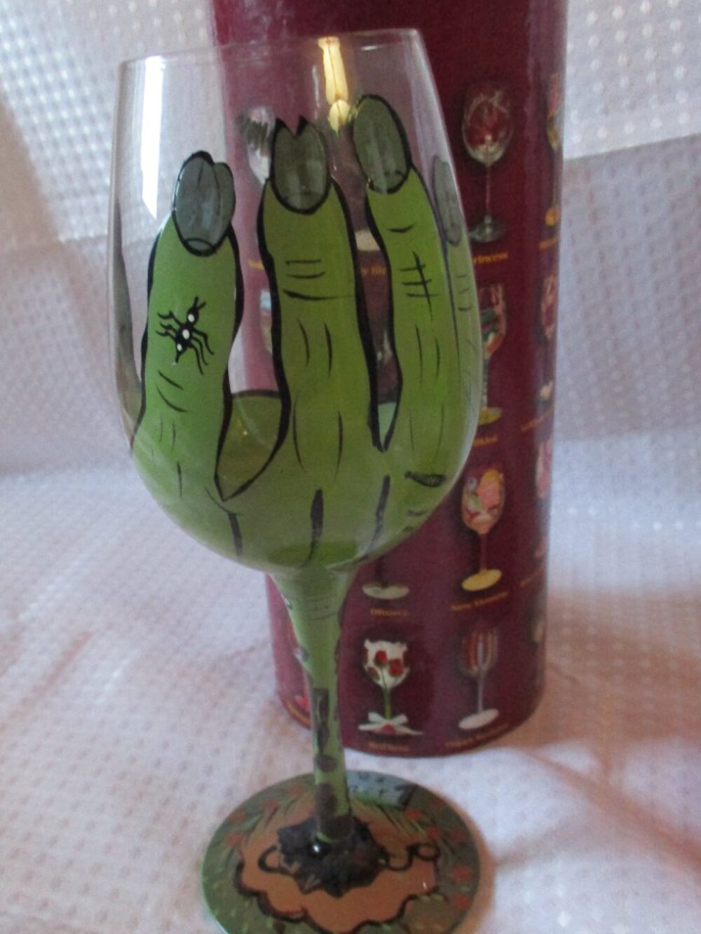 Santa Barbara Lolita Halloween 'THE WITCH IS BACK' Hand Painted Wine Glass & Box